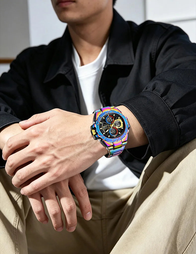Montre pour homme SMAEL 8160 – Modèle sport militaire, analogique et numérique, en acier inoxydable – Étanche, avec affichage LED, alarme, chronographe et chronomètre