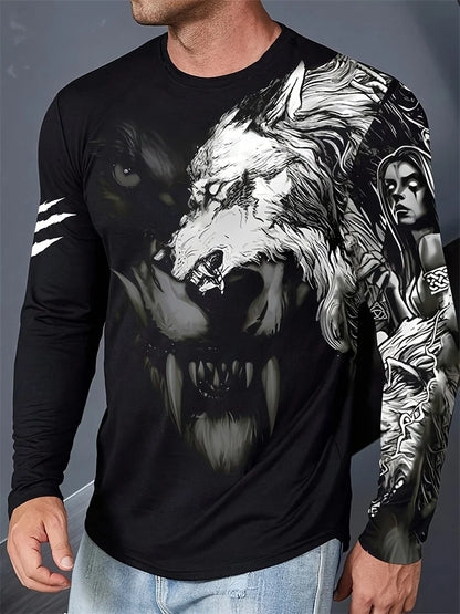 T-shirt de manga comprida para homem com novo estampado de lobo 2024, camisa casual diária de primavera e outono, moda streetwear masculina