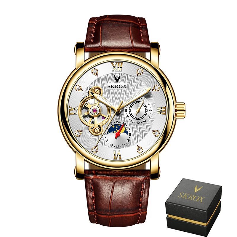 Luxusní pánské mechanické hodinky s automatickým nátahem od renomované značky, vybavené tourbillonem, ukazatelem fáze měsíce a diamanty – elegantní náramkové hodinky.