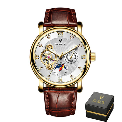 Luxusní pánské mechanické hodinky s automatickým nátahem od renomované značky, vybavené tourbillonem, ukazatelem fáze měsíce a diamanty – elegantní náramkové hodinky.