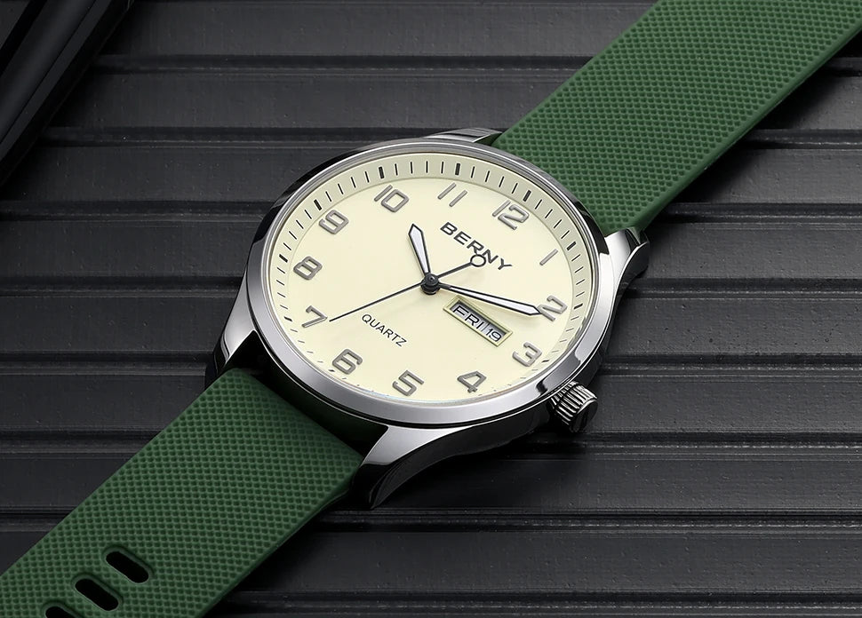 BERNY Men's Watches Luminous Calendar Week Quartz Men Watch Casual Soft Silicone Strap Easy Read Big Dial Sports Wristwatch
