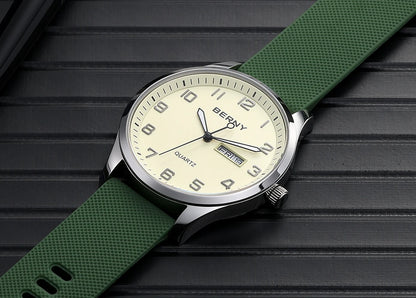 BERNY Men's Watches Luminous Calendar Week Quartz Men Watch Casual Soft Silicone Strap Easy Read Big Dial Sports Wristwatch