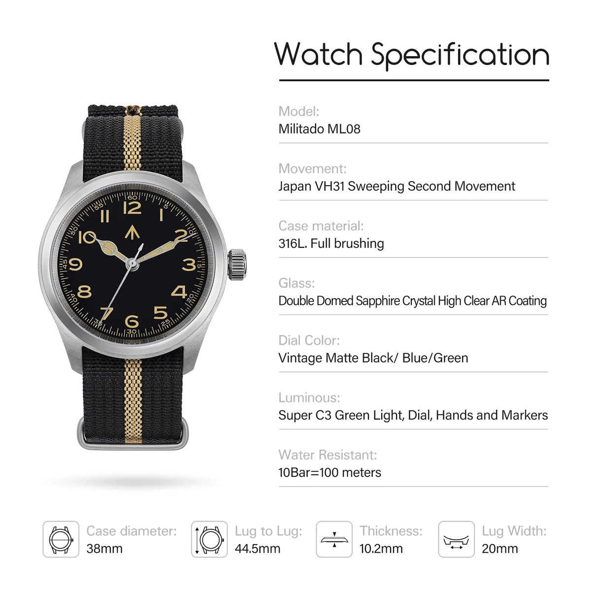 Militado ML08 V2 Vintage Quartz Watch Military VH31 Movement  Double Sapphire Crystal C3 BGW-9 Luminous Waterproof 38mm Watch