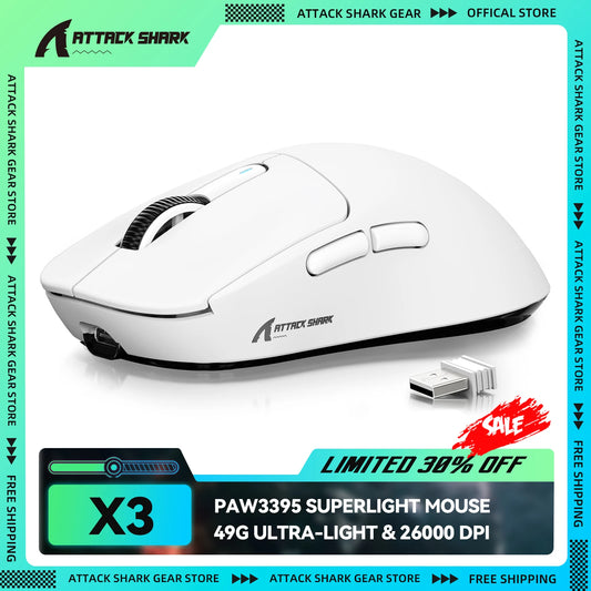 Ratón gaming inalámbrico ATTACK SHARK X3, sensor PixArt PAW3395, 26K DPI, ultraligero de 49g, trimodo 2.4G/Bluetooth/cable, para PC/MAC