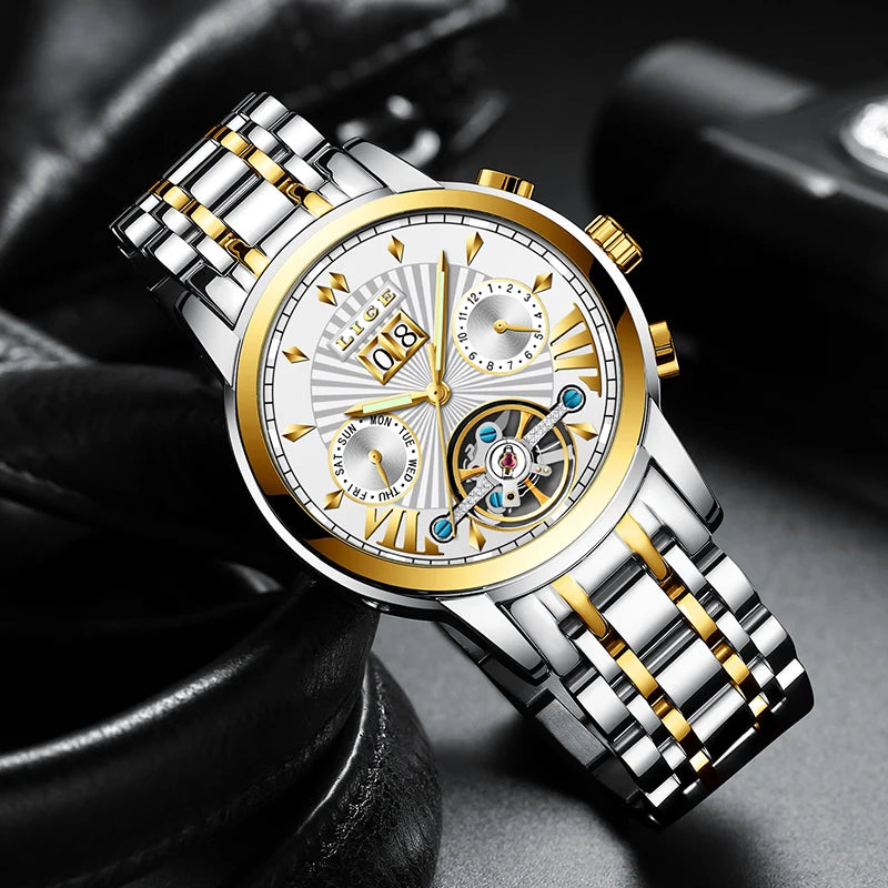 Montres-bracelets mécaniques automatiques pour hommes LIGE – Montre de luxe haut de gamme avec tourbillon, modèle élégant et étanche, idéal pour le travail ou les occasions formelles.