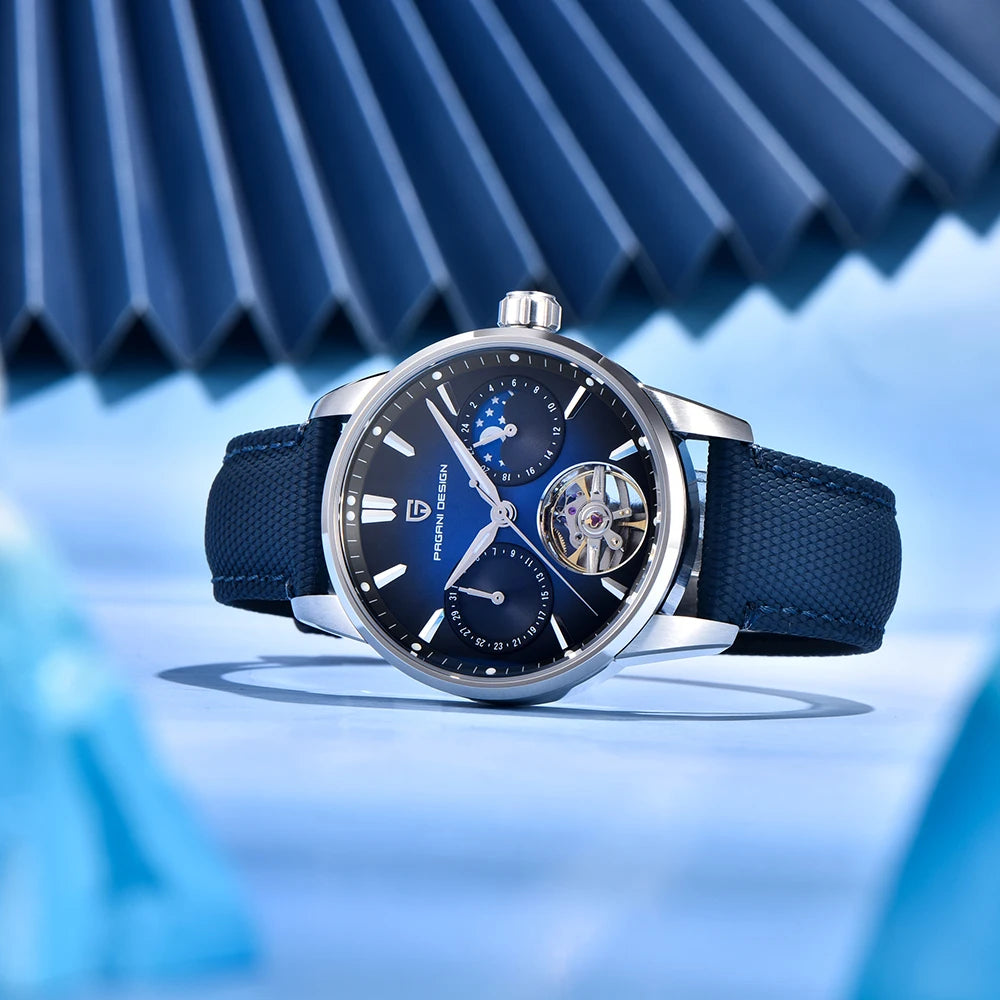 PAGANI DESIGN – Mekanisk luksusur til mænd, 41 mm, safirglas, læderrem, vandtæt, pilotstil, med tourbillon og månefase
