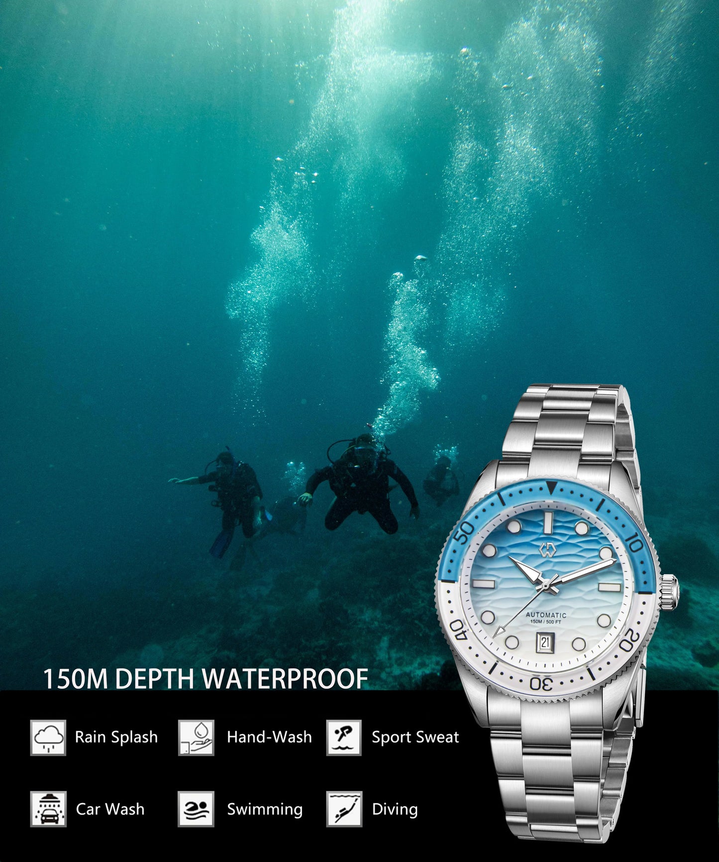 40mm Diver Watch Texture Men's Watches Automatic Mechanical Sapphire Waterproof 150 Meters Luminous Comes With Rubber Strap
