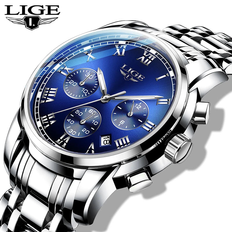 Pánske hodinky LIGE – luxusný chronograf, ležérny športový štýl, vodotesné, celokovové, quartzový strojček