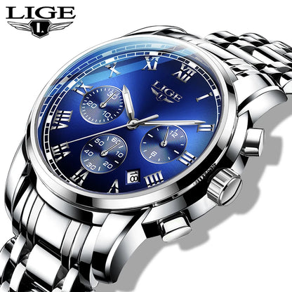 Pánske hodinky LIGE – luxusný chronograf, ležérny športový štýl, vodotesné, celokovové, quartzový strojček
