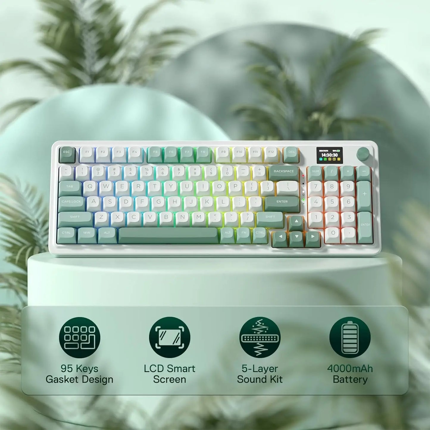 Redragon K719 Wireless Gasket Gaming 95 Keys Mechanical Keyboard, Easy-Control 1.14’’ TFT Info Display, Mint Mambo Switches