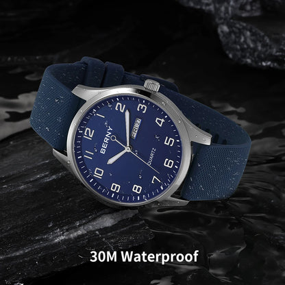 BERNY Men's Watches Luminous Calendar Week Quartz Men Watch Casual Soft Silicone Strap Easy Read Big Dial Sports Wristwatch