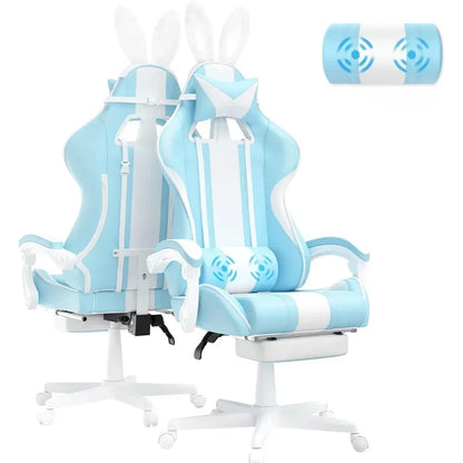 Kawaii Light Blue Gaming Chair with Bunny Ears, Ergonomic Cute Gamer Chair with Footrest, Massage Function, Reclining Racing Style Computer Chair