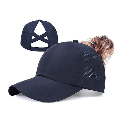 Women Summer Quick Dry Mesh Baseball Cap Solid Color Cross Ponytail Hat Athleisure