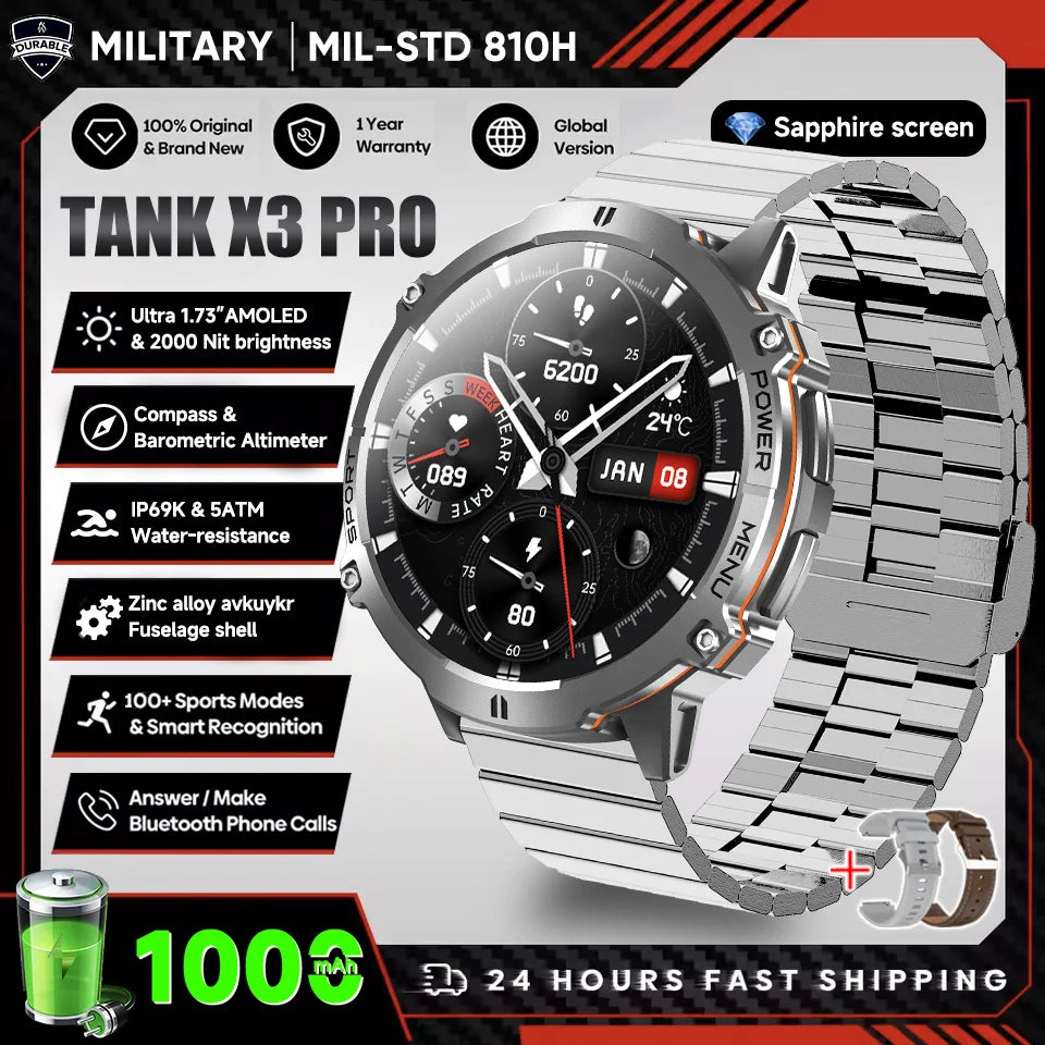 2026 Novo Smartwatch Militar TANK X3 para Homem, Bateria 1000mAh, 10ATM À Prova de Água para Natação, Percurso GPS, Ecrã AMOLED HD de 1.75", Chamadas e Desporto