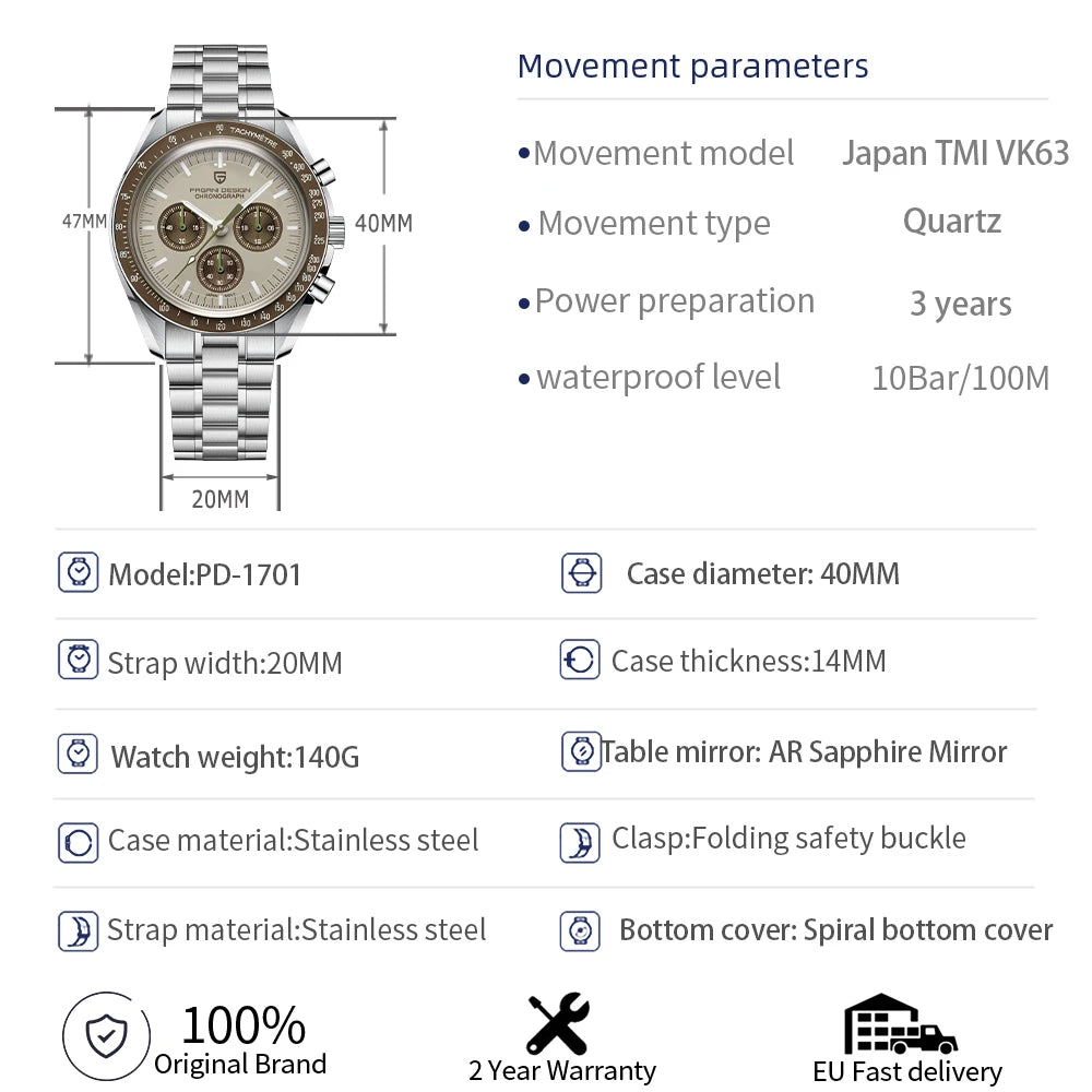 PAGANI DESIGN New AR Sapphire Quartz luxury men's watches 500 vitometer Circle Sport M 100 waterproof chronograph 316L all-steel Japan Movt Luminous man Watch