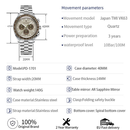 PAGANI DESIGN New AR Sapphire Quartz luxury men's watches 500 vitometer Circle Sport M 100 waterproof chronograph 316L all-steel Japan Movt Luminous man Watch