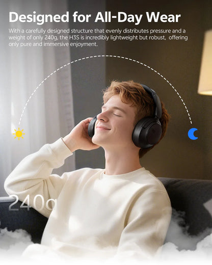 QCY H3S -56dB ANC adaptativo Auscultadores Bluetooth 6.0 circum-aurais – Headset sem fios Hi-Res LDAC, bateria de 102H, som espacial Dual Driver