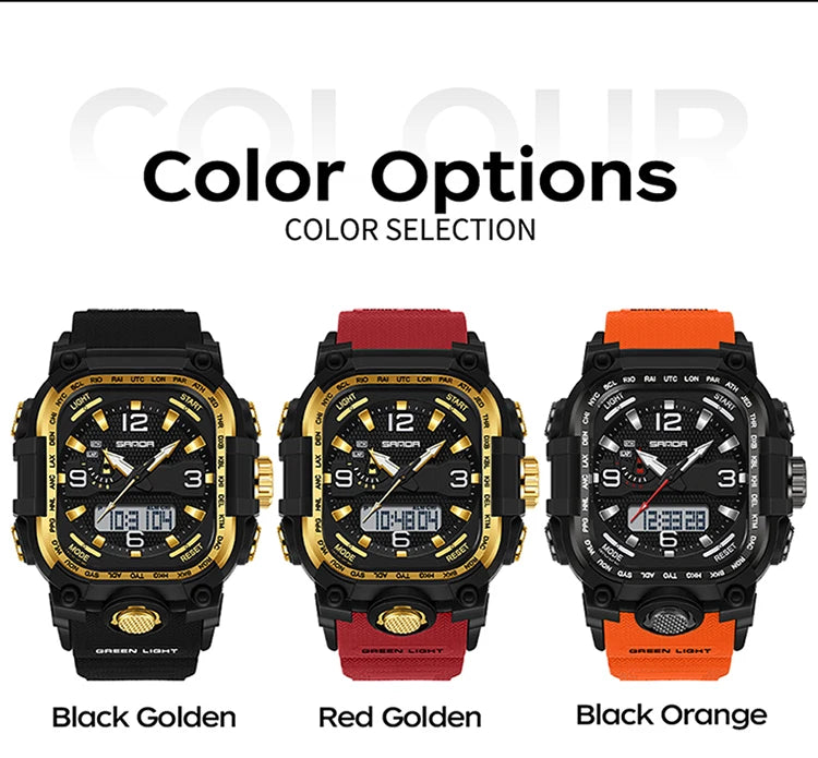 SANDA 6310 Men's Electronic Watch Multifunctional Luminous Alarm Clock Calendar Stopwatch Dual Display Digital Watches for Man