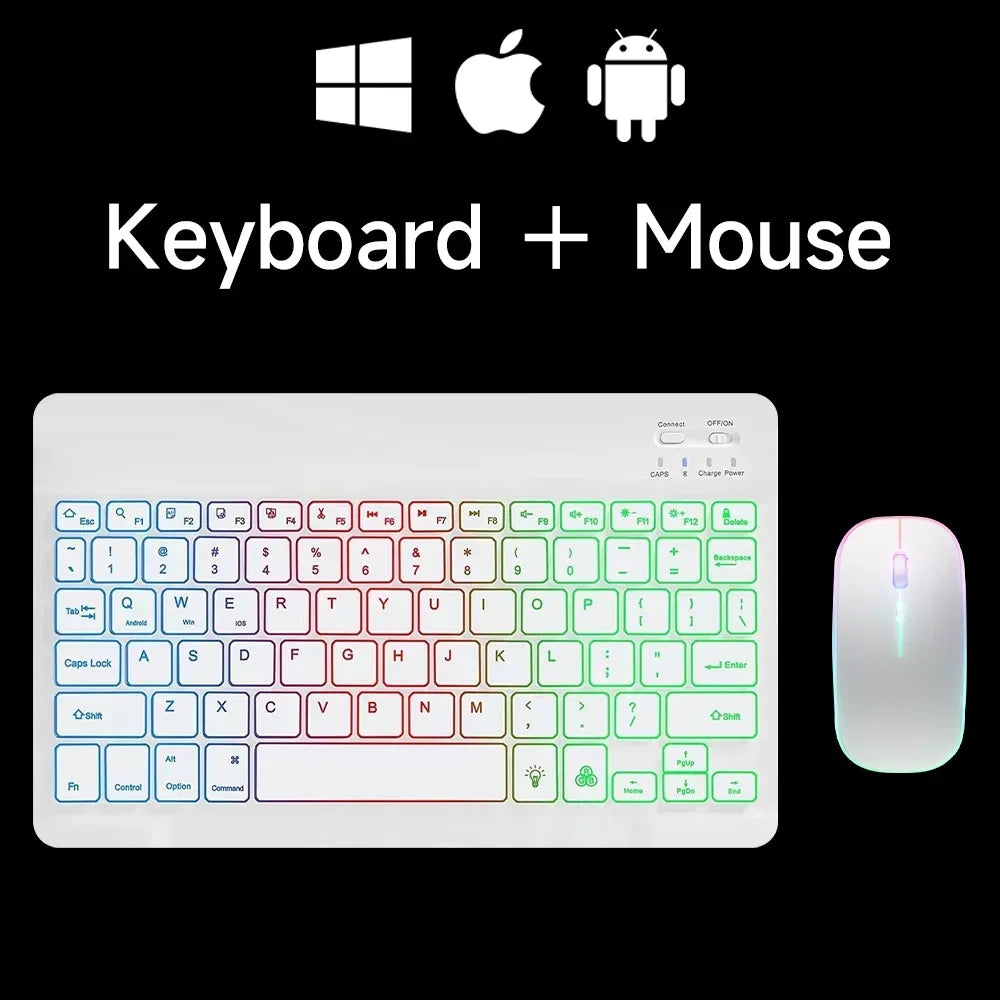 Mini-RGB-Tastatur mit Hintergrundbeleuchtung, 10 Zoll, Bluetooth, kabellose Maus, wiederaufladbar, für Spanisch, Russisch, Hebräisch, Koreanisch, Französisch, Arabisch, Portugal
