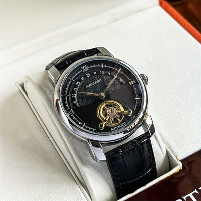 Automatinis mechaninis vyriškas laikrodis – elegantiškas skeleto dizainas, madingas „business casual“ stilius, korpusas iš lydinio ir odinis dirželis, be baterijos