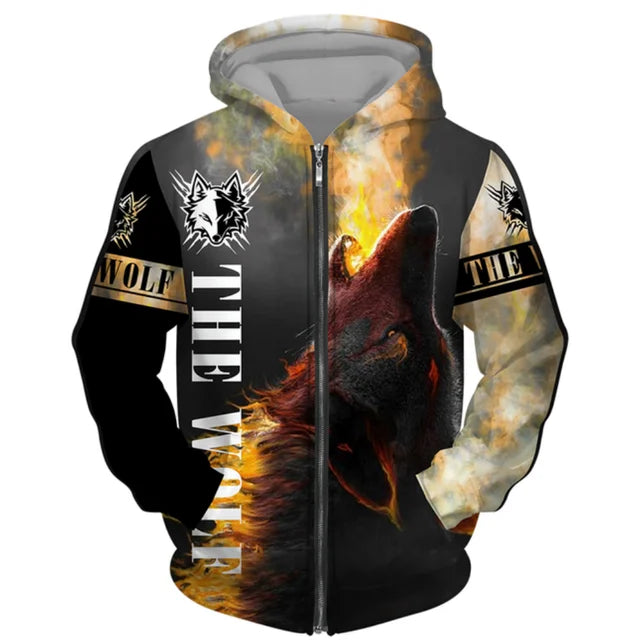 3D Wolf Print Men's Zipper Hoodies Fashion Animal Pattern Top Coat Street Punk Style Oversized Sweatshirts Outdoor Leisure Jackets
