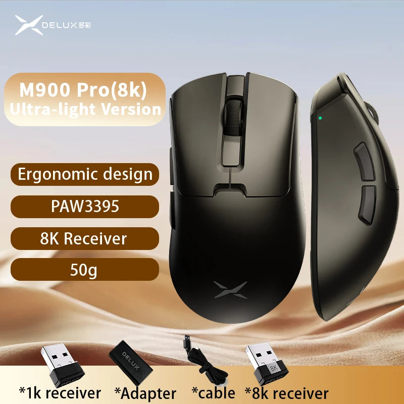 Delux M900PRO ultralet version trådløs gamingmus ergonomisk 1K/8K polling rate 50g PAW3395 til højre stor hånd PC-gamer