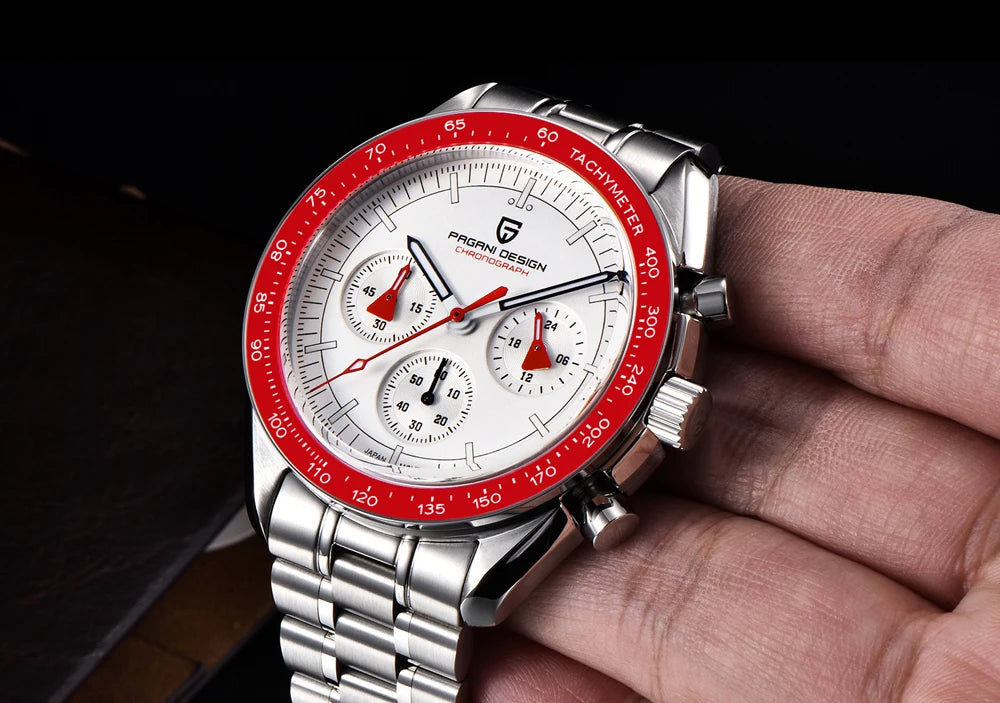 Pánske hodinky PAGANI DESIGN „New Moon“ – luxusné quartzové hodinky, chronograf, zafírové sklo s antireflexnou úpravou, keramický rámček, luminiscenčné ručičky