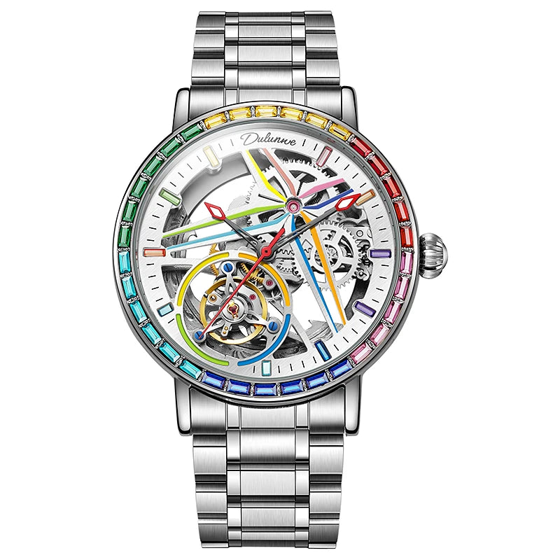 Reloj esqueleto para hombre, de estilo moderno, adornado con piedras preciosas de los colores del arcoíris y dotado de un tourbillon; reloj mecánico automático de lujo, hermético hasta 30 metros.