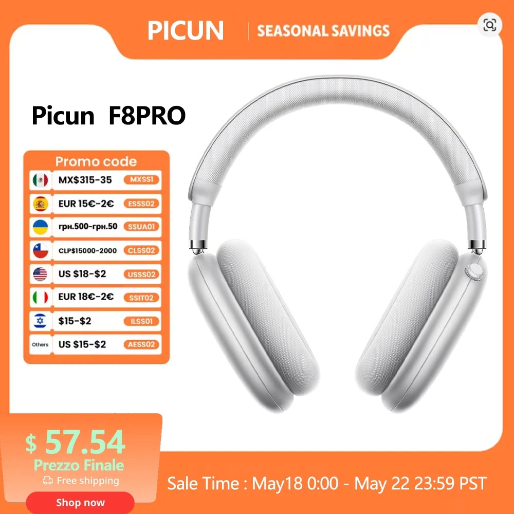 Cuffie wireless Picun F8 Pro ANC con head tracking, audio spaziale 3D, ANC -52dB, headset Bluetooth Hi-Fi, microfono HD ENC, app a bassa latenza