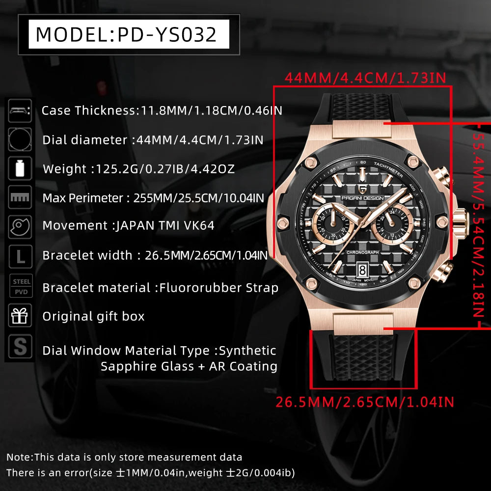 PAGANI DESIGN Men's Watches Luxury Rose Gold Sport Chronograph Japan VK64 Quartz Watch For Men Fluororubber Strap Wristwatch Men