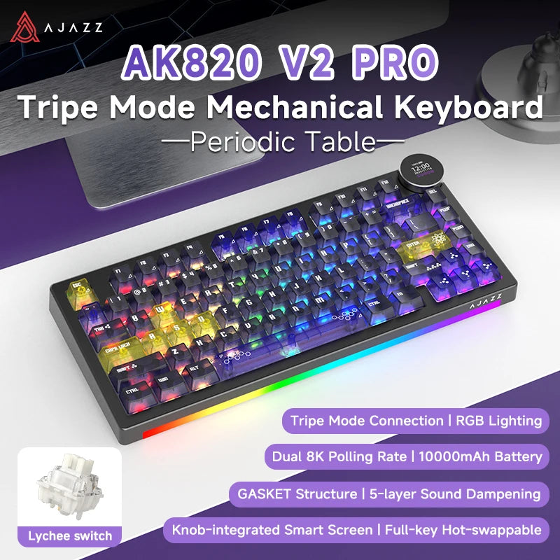AJAZZ AK820 V2 / AK820 V2 Pro Gaming Mechanical Keyboard 75% ABS 82 Keys 10000mAh Wireless Tri-mode Gamer Keyboard for Laptop PC