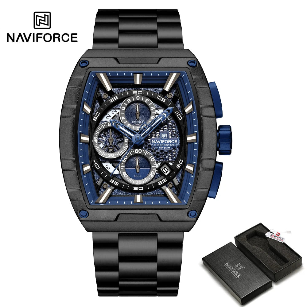 NAVIFORCE Luxury Chronograph Quartz Watch for Men Fashion Tonneau Stainless Steel Man Watches Waterproof Luminous WristWatch