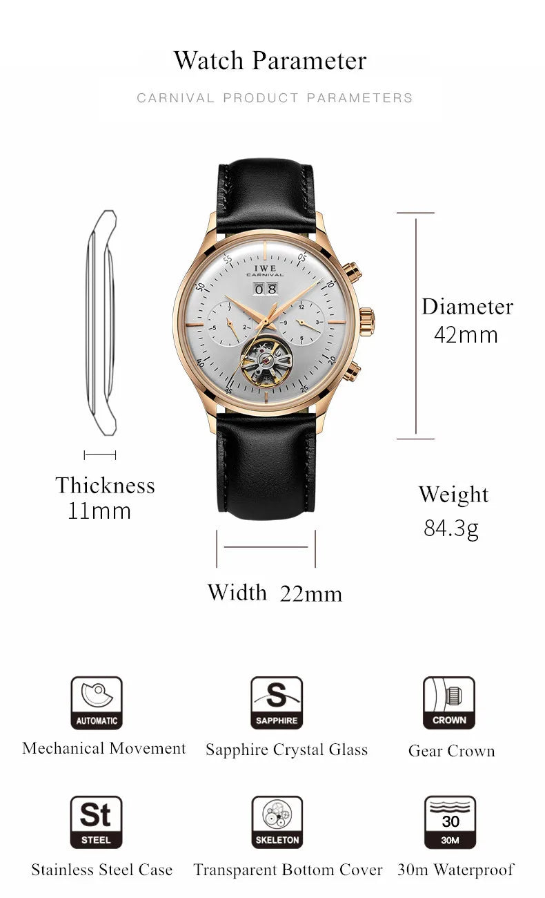 CARNIVAL Mechanical Dress Watches for Men Brands Luxury Sapphire Automatic Wristwatches Men's Waterproof 2025 Men's Watch