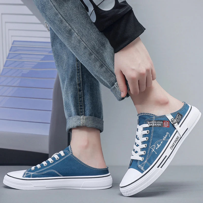 Tendance Designers hommes demi pantoufles été homme chaussures vulcanisées antidérapant résistant à l'usure chaussures en toile chaussures à bouche peu profonde pour hommes