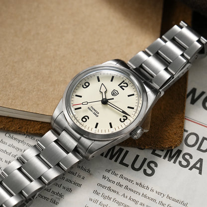 Montre à quartz pour homme Watchdives WD1960S V2, style vintage, cadran crème, 36 mm, mouvement VH31 à trotteuse fluide, verre saphir bombé, étanche 10 ATM, aiguilles luminescentes, boîtier en acier inoxydable