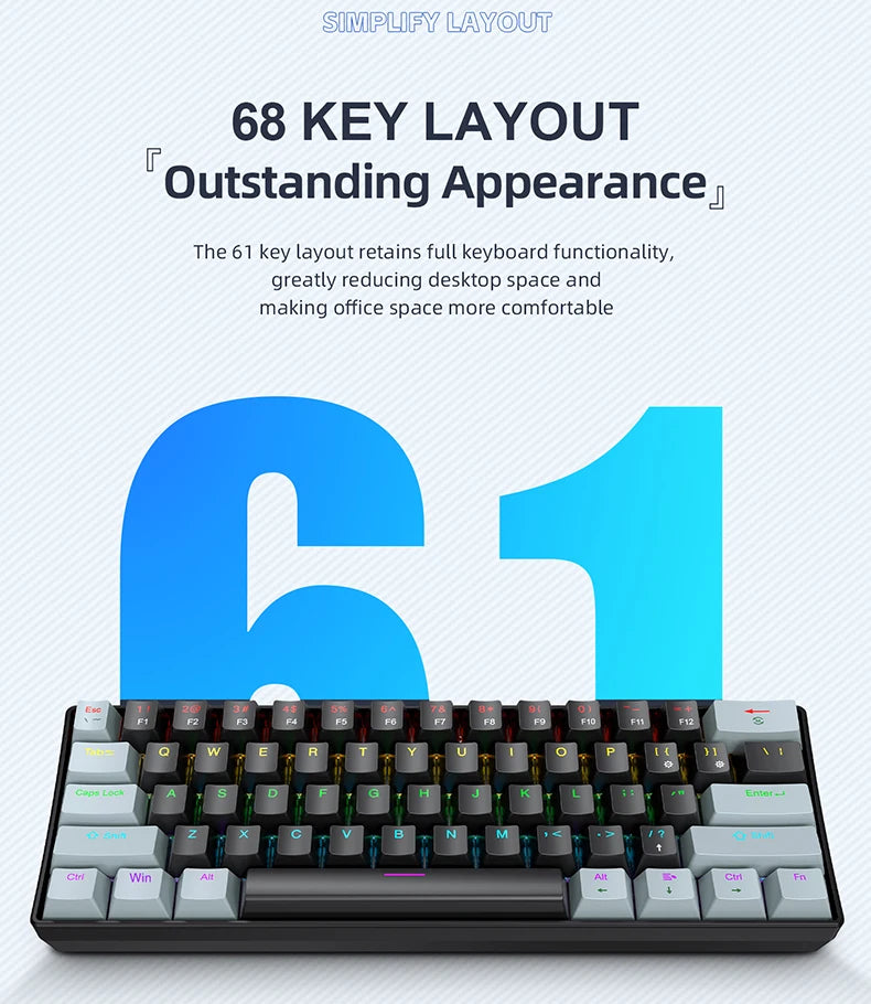 Teclado mecánico mini APAYADO K61, con cable, 61 teclas, Phantom RGB, negro/blanco, interruptor mecánico rojo/azul para gaming, portátil 60%