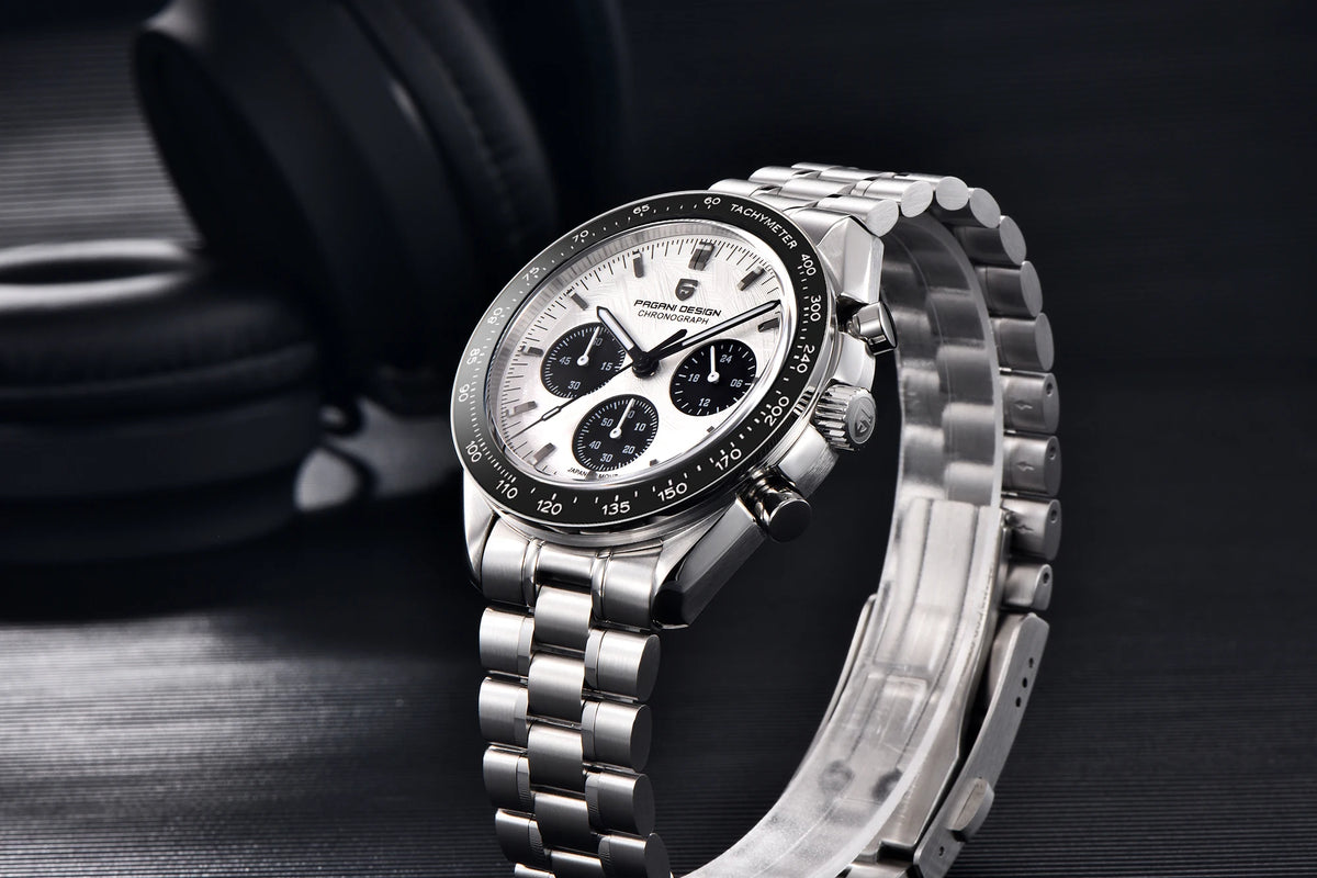 Pánske hodinky PAGANI DESIGN „New Moon“ – luxusné quartzové hodinky, chronograf, zafírové sklo s antireflexnou úpravou, keramický rámček, luminiscenčné ručičky