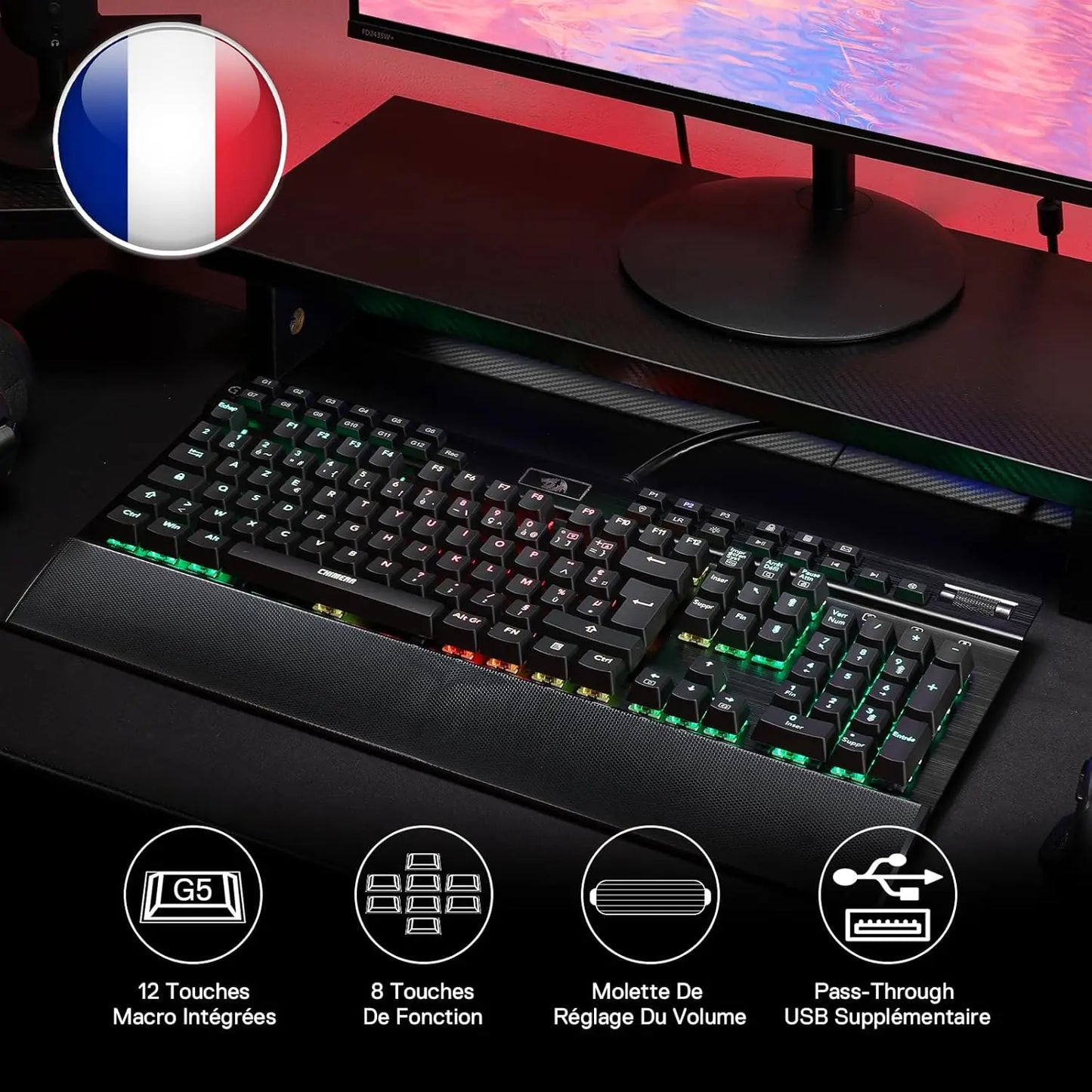 Redragon K550 RGB AZERTY Gaming Keyboard, 104 Keys + 12 Macro Keys, Wired Mechanical Keyboard, Aluminum Top Plate, Clicky Purple Switches, 2 USB Ports, Wrist Rest, Black