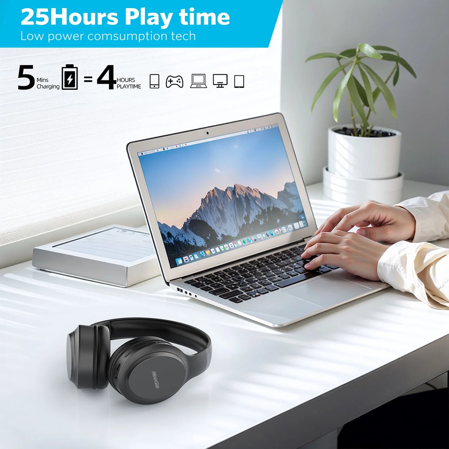 MeeGoo Wireless Headphones Bluetooth 5.4 Earphones Foldable Stereo Earphones Super Bass Noise Reduction Mic for Laptop PC TV New