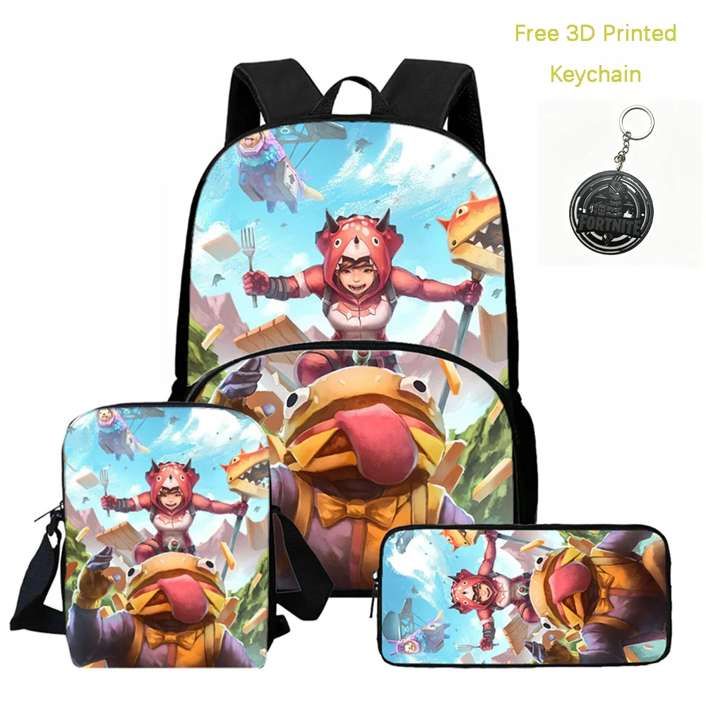 FORTNITE 3-Piece Lightweight Backpack Set with Front Pocket, Crossbody Bag & Pencil Case for Ages 5-9 Boys and Girls, Includes Free 3D Printed Keychain