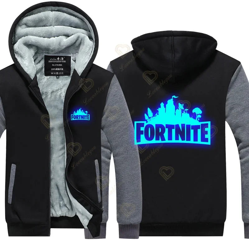 Hanorace luminescente „Winter Warm Fortnite” pentru bărbați și femei, hanorace de joc și cosplay, din fleece gros, cu fermoar, jachete și paltoane pentru cupluri