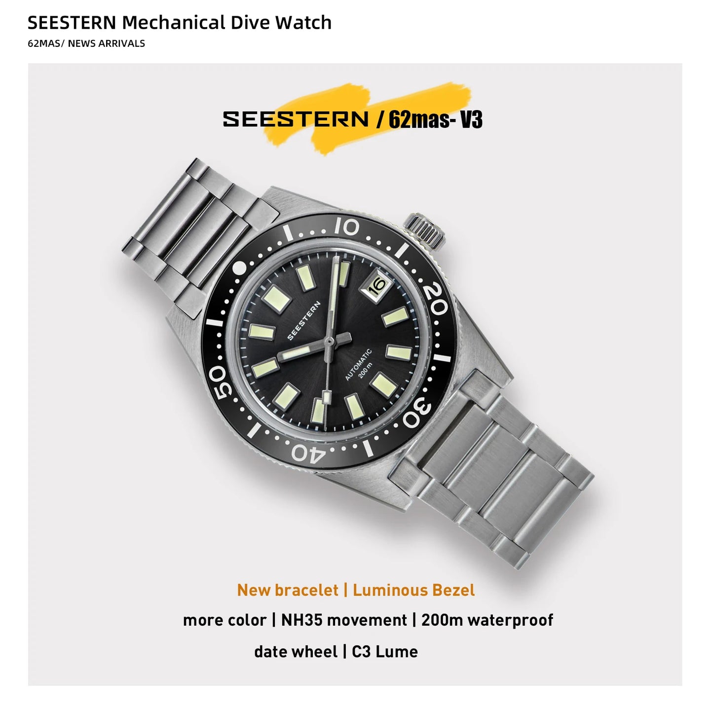 SEESTERN 62MAS Diving Watch Men Automatic Mechanical Wristwatch Luminous Bezel Waterproof NH35 Movement Sapphire Glass Bracelet