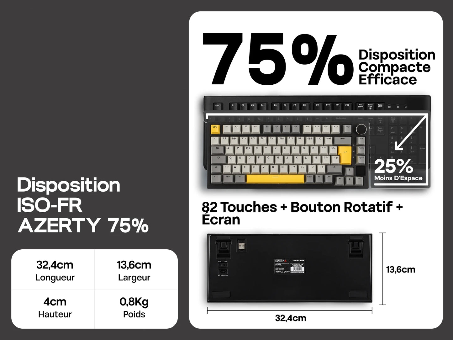 ISO-FR-Layout EPOMAKER X AJAZZ AK820 PRO 75% AZERTY Französisch Hot-Swap kabelgebundene/BT/2.4GHz kabellose mechanische Tastatur für Win/Mac/PC