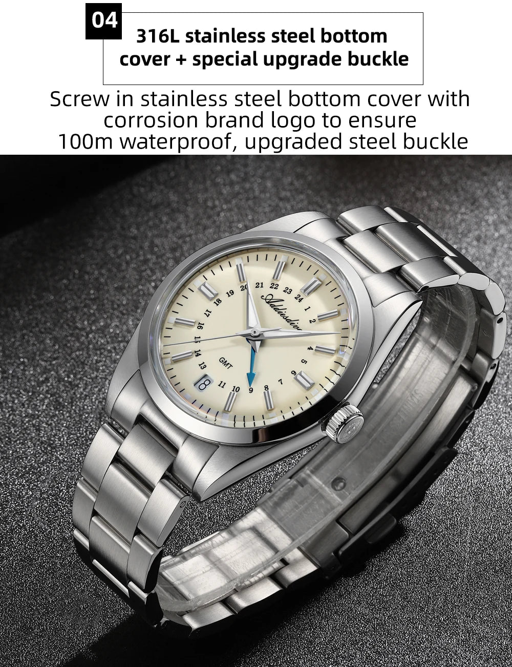 ADDIESDIVE 36mm Men's Analog Watch GMT 515-24H Watch BGW9 Luminous 100m Waterproof Stainless Steel Men's Quartz Watches AD2065
