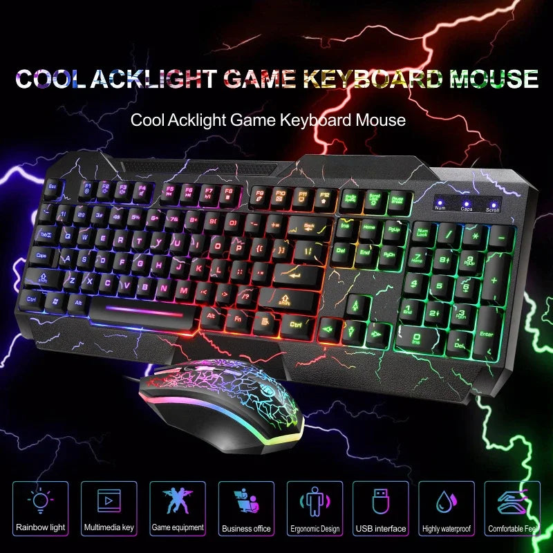 Combo de teclado y ratón gaming con cable para ordenador de sobremesa, teclado retroiluminado con luz LED y sensación mecánica