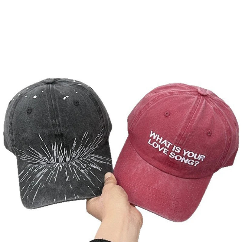 Kpop "What Is Your Love Song" Same Knitted Embroidery Caps,Tour Concert Cap Outdoor Retro Washed Baseball Caps for Women Men