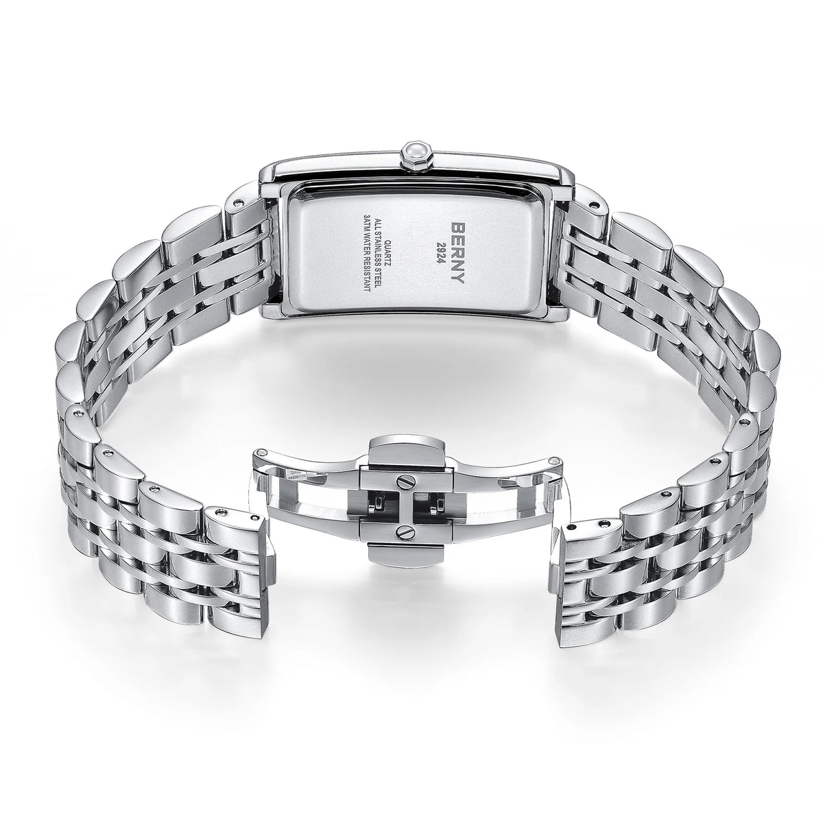 BERNY square men’s watch – Quartz movement, Roman numeral dial, luminescent display, 316L stainless steel case – An elegant and casual rectangular watch