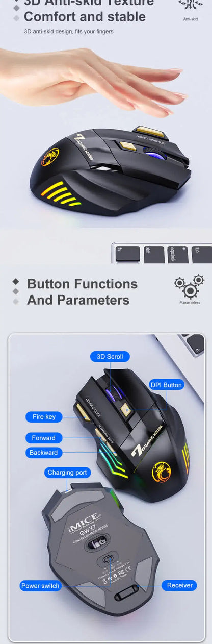 Belaidė Bluetooth pelė, įkraunama kompiuterinė pelė žaidėjams, ergonominė gaming pelė su RGB apšvietimu, tyli pelė PC kompiuteriui