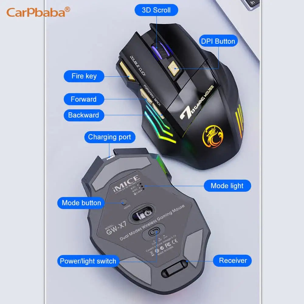 Belaidė Bluetooth pelė, įkraunama kompiuterinė pelė žaidėjams, ergonominė gaming pelė su RGB apšvietimu, tyli pelė PC kompiuteriui