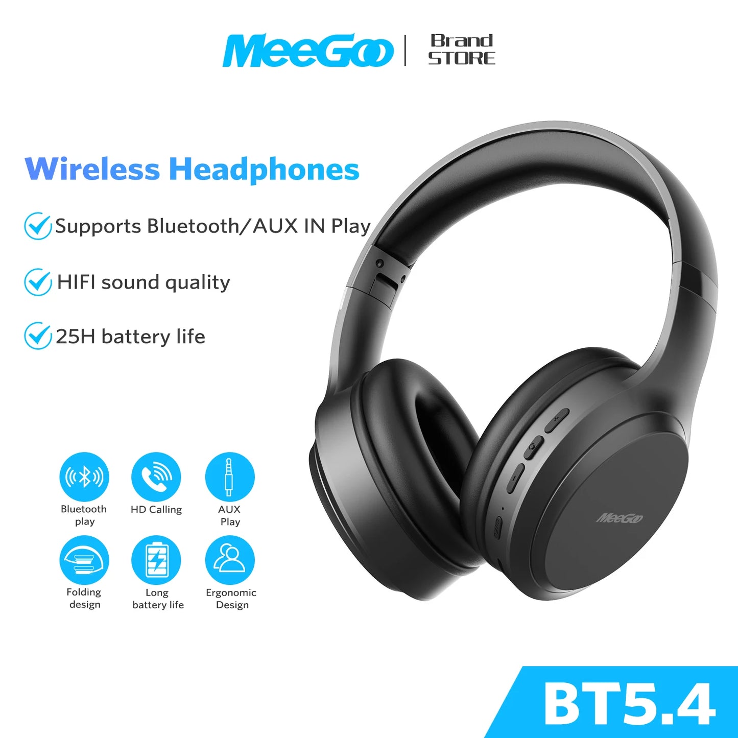 MeeGoo Wireless Headphones Bluetooth 5.4 Earphones Foldable Stereo Earphones Super Bass Noise Reduction Mic for Laptop PC TV New